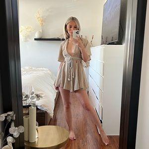 Taupe Deep-cut Playsuit. UK size 8 - fits US size XS-S (0-4).